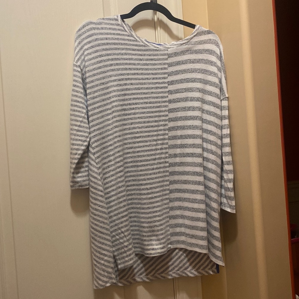 White and gray striped long sweater